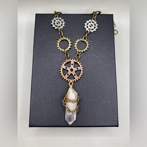 ⚙️⛓Steampunk Clear Quartz Mixed Metal Gear Necklace